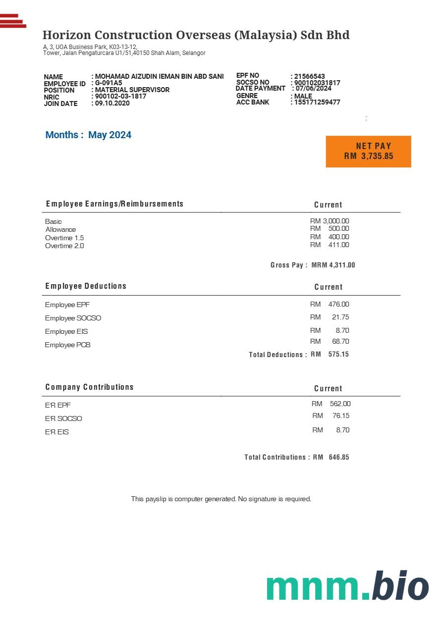 Malaysia Horizon Construction Overseas payslip template w formatach Word i PDF